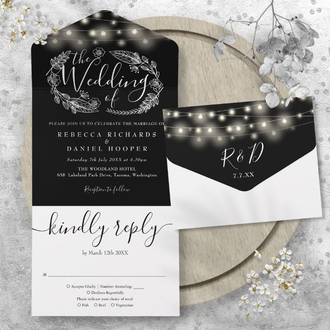 Black And White String Lights Foliage Wedding All In One Invitation (Black And White String Lights Foliage Wedding All In One Invitation)