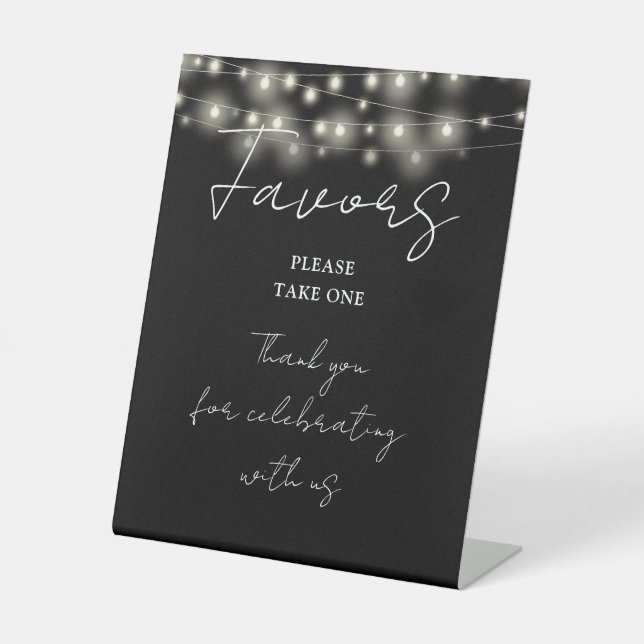 Black And White String Lights Modern Script Favour Pedestal Sign (Front)