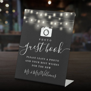 Black And White String Lights Photo Guest Book Pedestal Sign