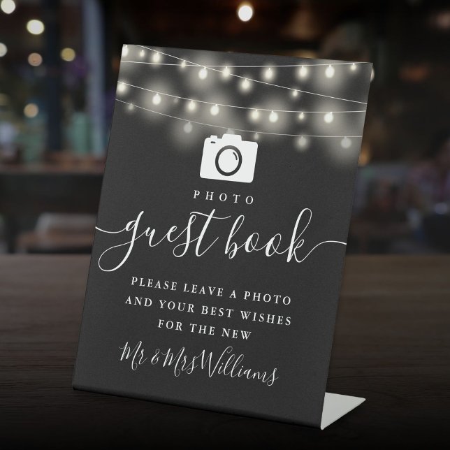 Black And White String Lights Photo Guest Book Pedestal Sign (Black And White String Lights Photo Guest Book Pedestal Sign)