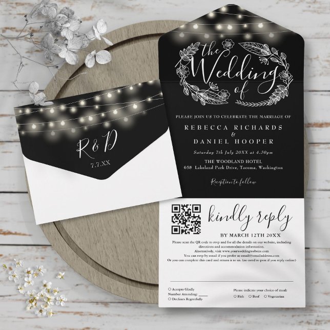 Black And White String Lights QR Code Wedding All In One Invitation (Black And White String Lights QR Code Wedding All In One Invitation)