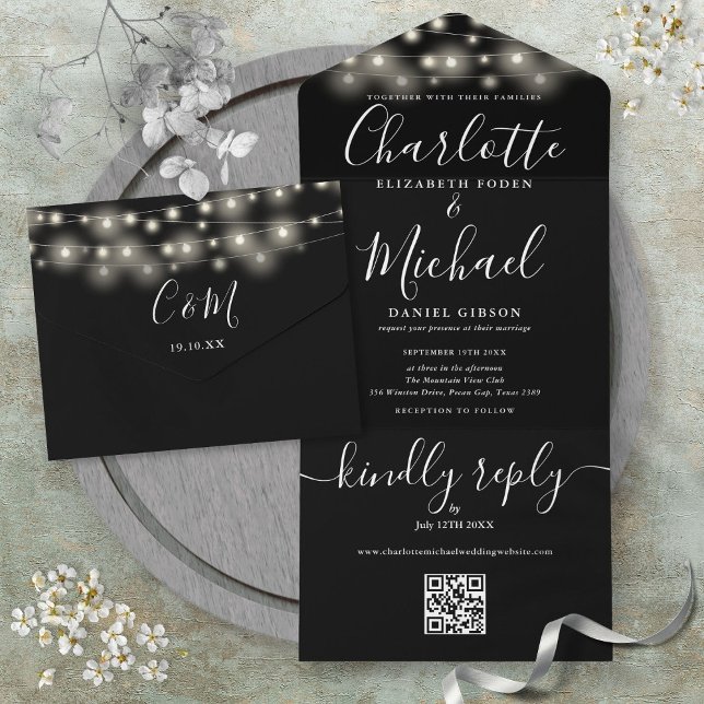 Black And White String Lights QR Code Wedding  All In One Invitation (Black And White String Lights QR Code Wedding All In One Invitation)