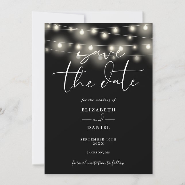 Black And White String Lights QR Code Wedding Save The Date (Front)