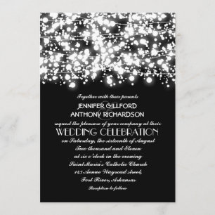 black and white string lights wedding invitations