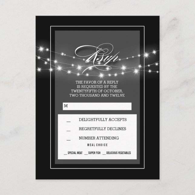 Black and white string lights wedding RSVP Invitation Postcard (Front)