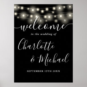 Black And White String Lights Wedding Welcome Sign