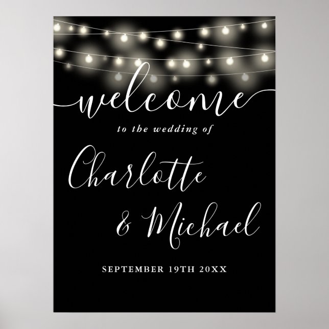 Black And White String Lights Wedding Welcome Sign (Front)