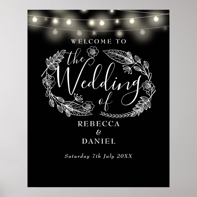 Black And White String Lights Wedding Welcome Sign (Front)
