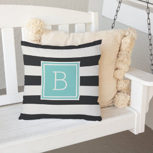 Black and White Stripe Aqua Monogram Outdoor Cushion