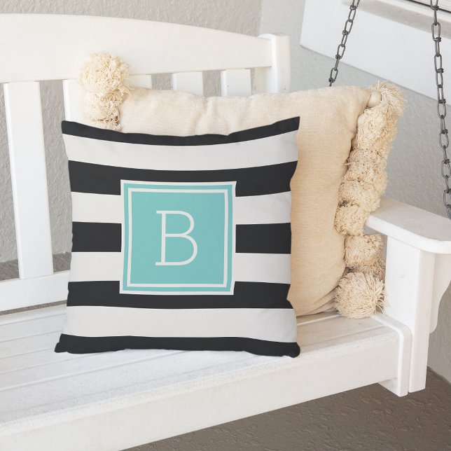 Black and White Stripe Aqua Monogram Outdoor Cushion (Creator Uploaded)