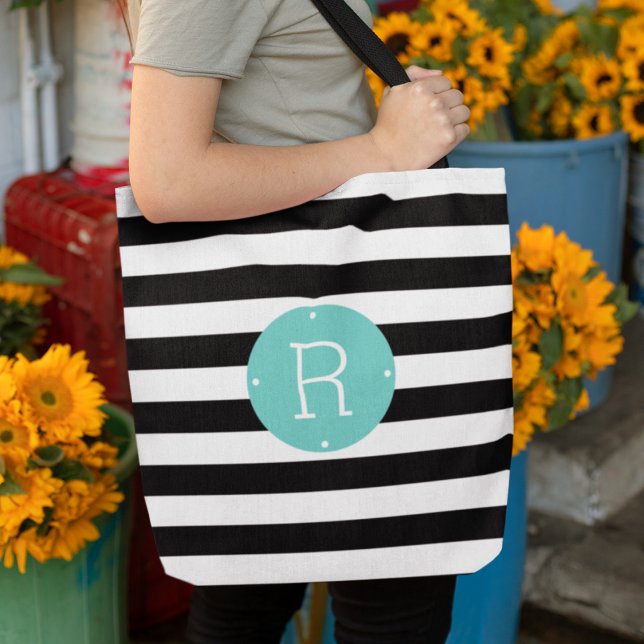 Black and White Stripe Aqua Monogram Tote Bag (Creator Uploaded)