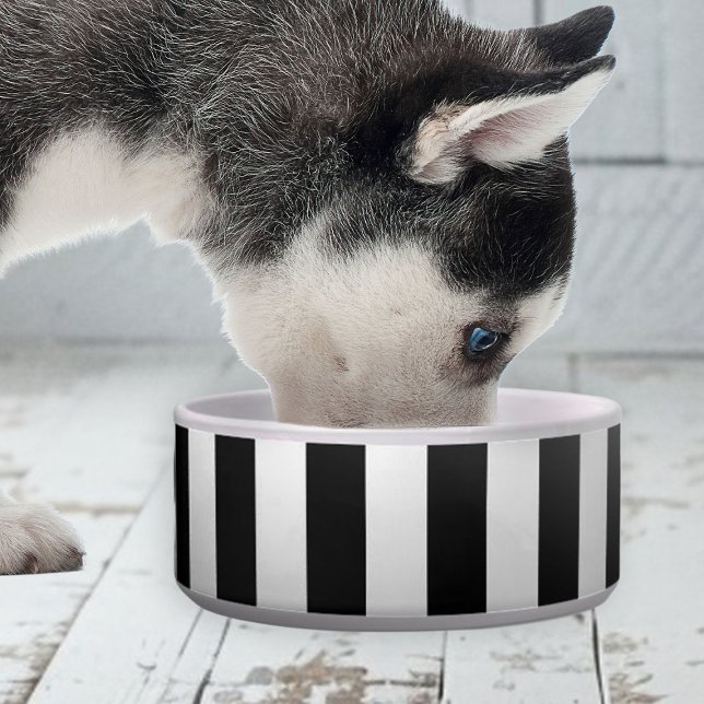Black and White Stripe Ceramic Pet Bowl (elegant cute black and white stripe bowl for dogs)
