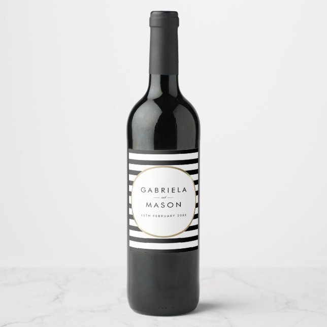 Black and White Stripe Chic Gold Wedding Wine Label (Front)