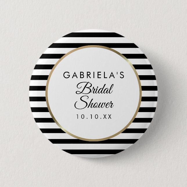 Black And White Stripe Elegant Gold Bridal Shower 6 Cm Round Badge (Front)