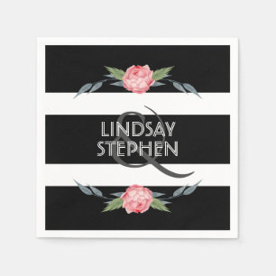 Black and White Stripe Elegant Pink Floral Wedding Napkin