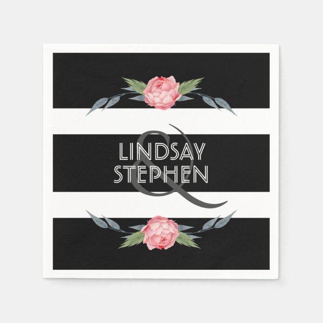 Black and White Stripe Elegant Pink Floral Wedding Napkin (Front)