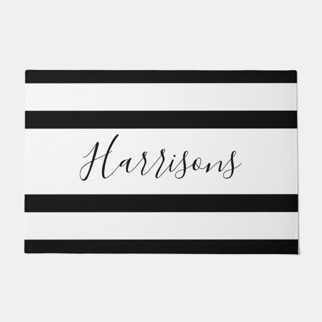 Black and White Stripe Family Welcome Doormat (Front)