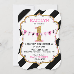 Black and White Stripe Gold Glitter First Birthday Invitation