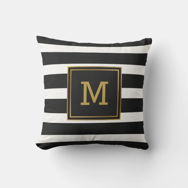 Black and White Stripe Gold Modern Monogram Outdoor Cushion (Front)