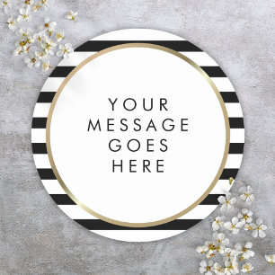 Black and White Stripe Gold Personalised Message Classic Round Sticker