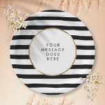 Black and White Stripe Gold Personalised Paper Plate<br><div class="desc">With a classic black and white stripe background,  these elegant paper plates feature an elegant faux gold foil border framing your event message set in chic typography. Perfect for weddings,  bridal showers,  baby showers,  baptism,  engagement parties,  anniversary celebrations and birthday get-togethers. Designed by Thisisnotme©</div>