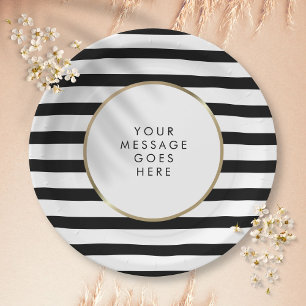 Black and White Stripe Gold Personalised Paper Plate