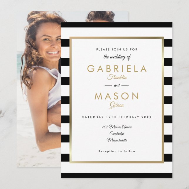 Black And White Stripe Gold Photo Wedding Invitation (Front/Back)