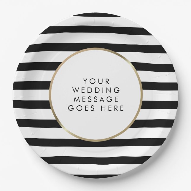 Black and White Stripe Gold Wedding Paper Plate (Front)