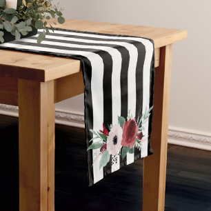 Black and White Stripe Magenta Floral Wedding Medium Table Runner