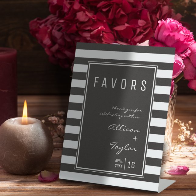 Black and White Stripe Minimalist Wedding Favour Pedestal Sign (Creator Uploaded)