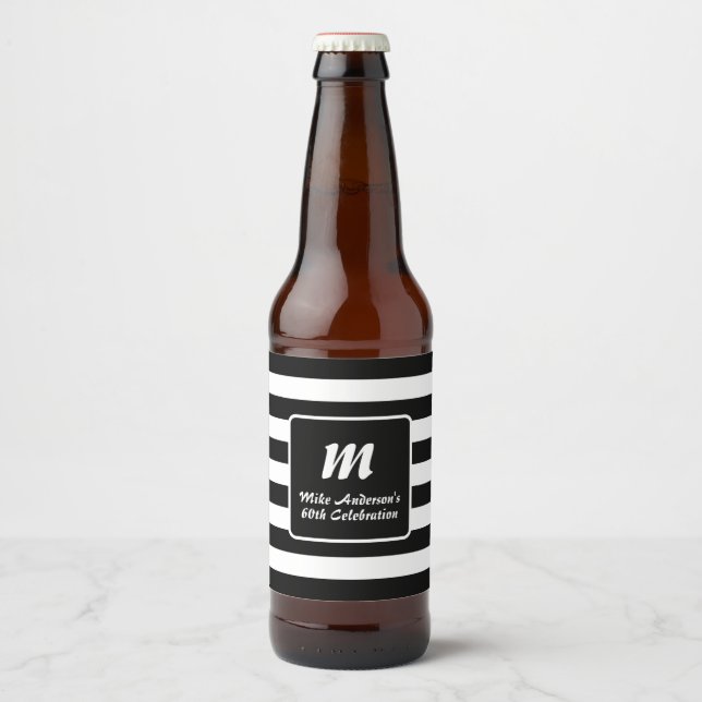 Black and White Stripe Monogram Beer Bottle Label (Front)
