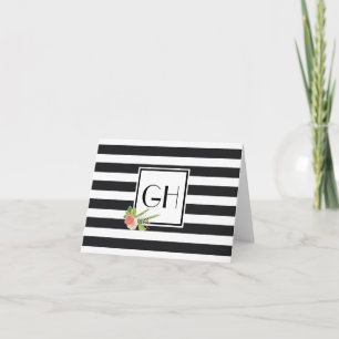 Black And White Stripe Monogram Folded Note Card