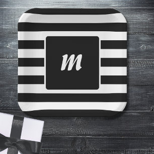 Black and White Stripe Monogram Paper Plate