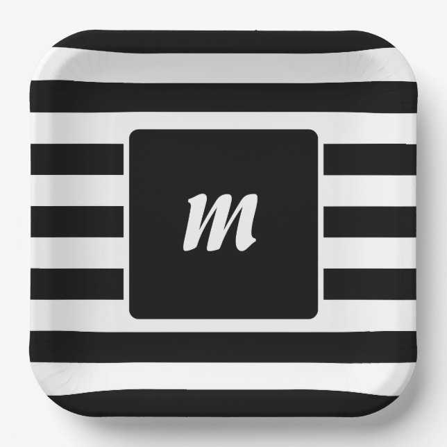 Black and White Stripe Monogram Paper Plate (Front)