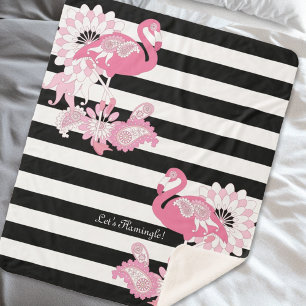 Black and White Stripe Paisley Pink Flamingos Sherpa Blanket