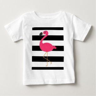 Black and White Stripe Pink Flamingo Baby T-Shirt