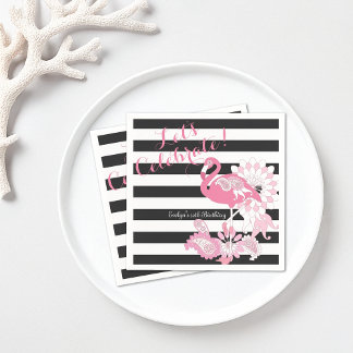 Black and White Stripe Pink Flamingo Birthday Napkin