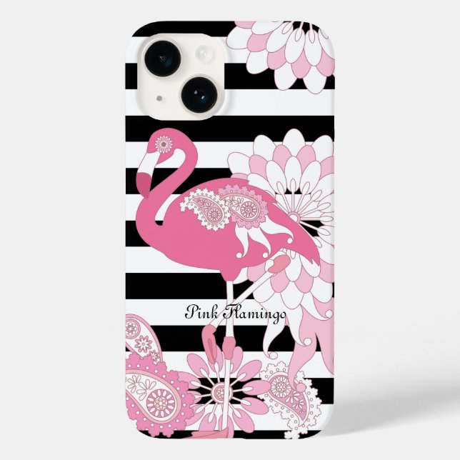 Black and White Stripe Pink Flamingo Case-Mate iPhone Case (Back)