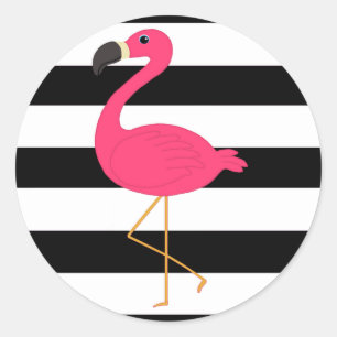 Black and White Stripe Pink Flamingo Classic Round Sticker