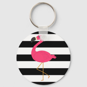 Black and White Stripe Pink Flamingo Key Ring
