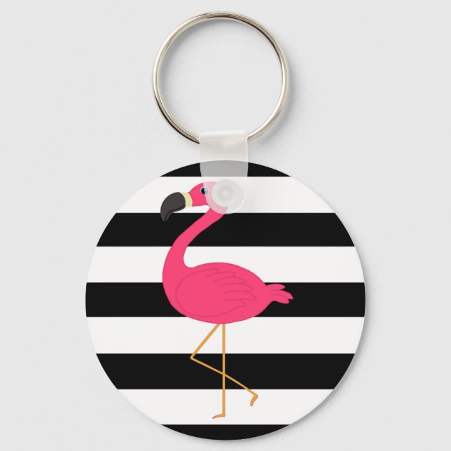 Black and White Stripe Pink Flamingo Key Ring (Front)