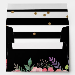 Black and white stripe, pink floral & gold glitter envelope