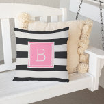 Black and White Stripe Pink Monogram Outdoor Cushion<br><div class="desc">Add bold, modern style to your patio, deck or pool with our monogrammed outdoor throw pillow in chic black and white with a pop of girly pink. Design features wide black and white horizontal stripes on both sides, with your single initial monogram on the front in feminine, vibrant candy pink....</div>