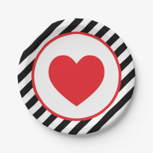 black and white stripe Red Heart Paper Plate