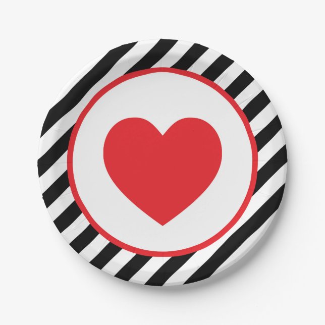 black and white stripe Red Heart Paper Plate (Front)