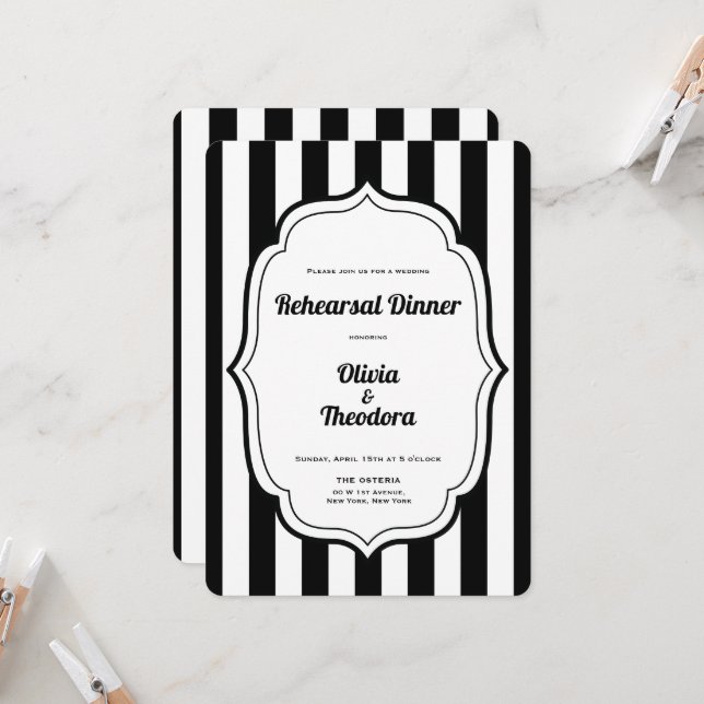 Black and White Stripe Rehearsal Dinner Invitation (Front/Back In Situ)