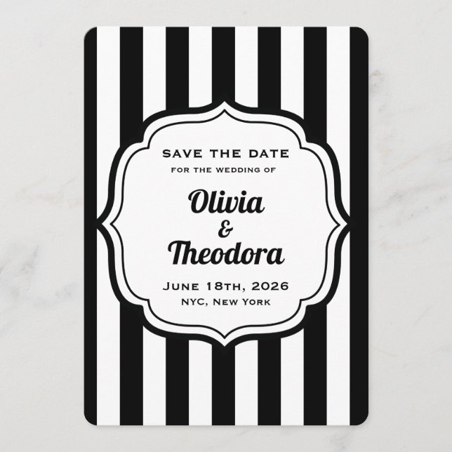 Black and White Stripe Save the Date Cards (Front)