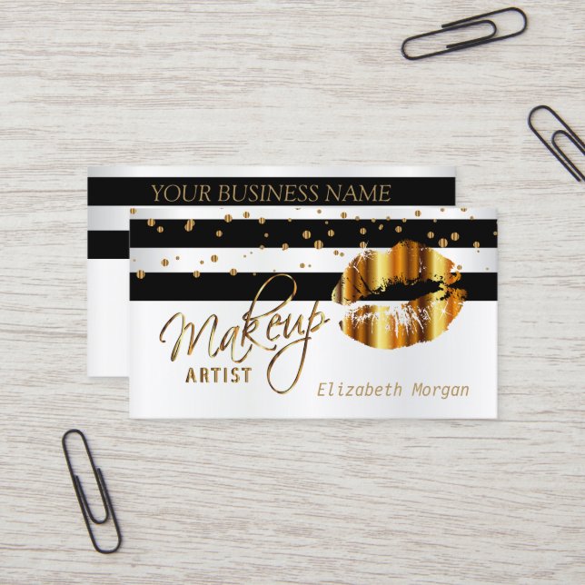 Black and White Stripe with Gold Lips Business Card (Front/Back In Situ)