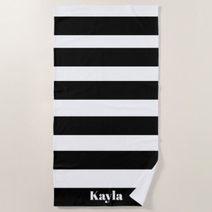 Black and White Stripe With Name Bachelorette Beach Towel