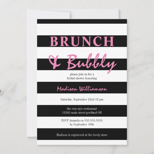 Black and White Stripe with Pink Brunch and Bubbly Invitation (Front)